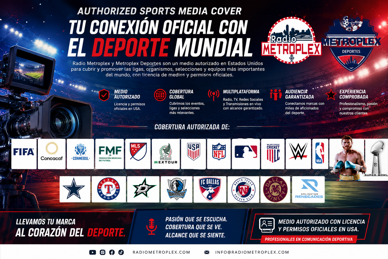 Cobertura autorizada de Metroplex Deportes: FIFA, Concacaf, Conmebol, FMF, MLS, NFL, MLB, NBA, WWE, INDYCAR y más.